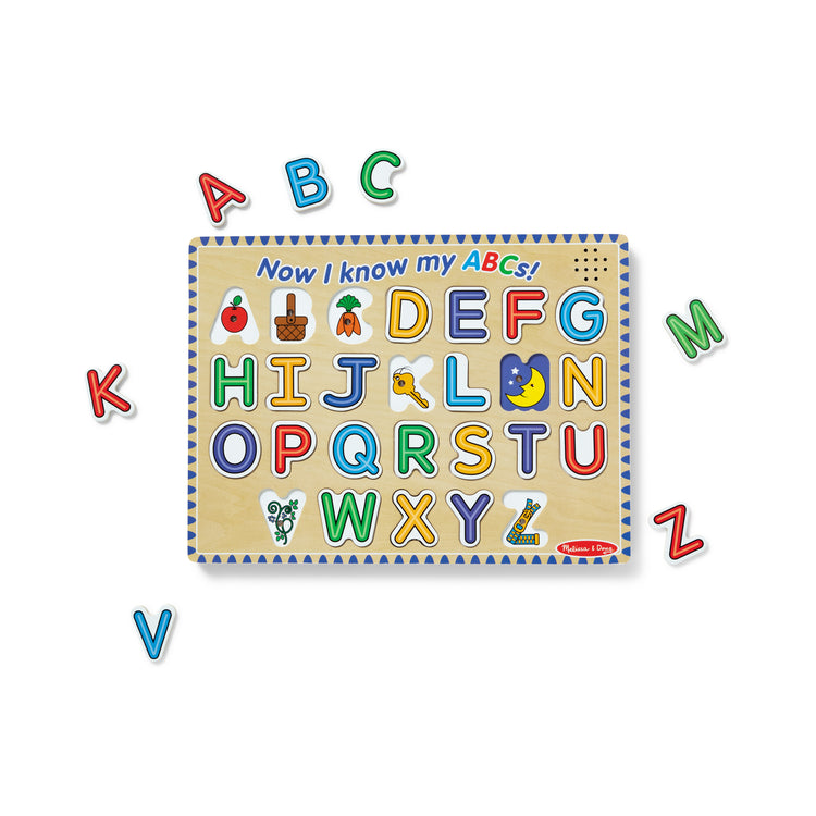 The loose pieces of The Melissa & Doug Wooden Alphabet Sound Puzzle - Wooden Puzzle With Light-Activated Sound Effects (26 pcs)