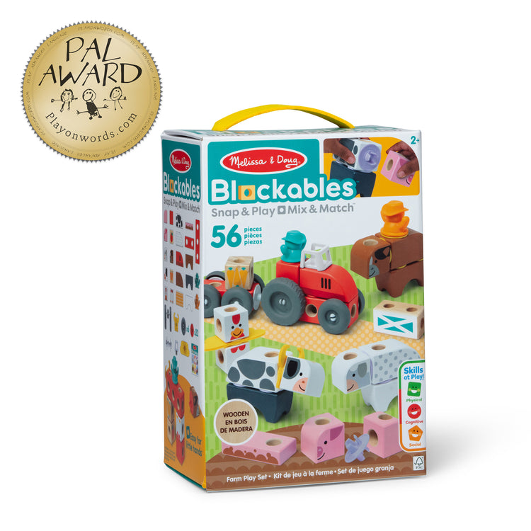 The front of the box for The Melissa & Doug Blockables™ Farm Snap And Play, Mix And Match Connectable Wooden Building Blocks Play Set Toy for Preschool Boys And Girls (56 Pcs)