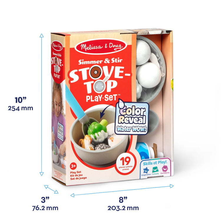 A kid playing with The Melissa & Doug Simmer & Stir Stovetop Play Set with Water WOW!® Color Reveal Play Food Preschool Toy Ages 3+