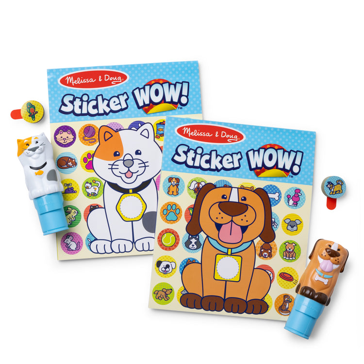 The loose pieces of The Melissa & Doug Sticker WOW!® Pets (Dog and Cat) VALUE PACK Arts and Crafts Collectibles – 2 Activity Pads, 2 Sticker Stampers, 2 Bonus Sticker Stacks