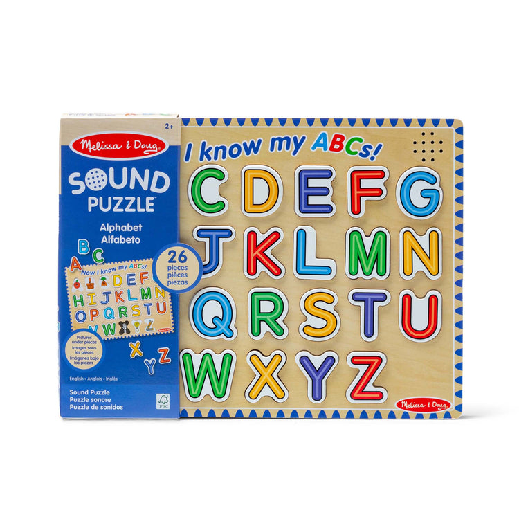 The front of the box for The Melissa & Doug Wooden Alphabet Sound Puzzle - Wooden Puzzle With Light-Activated Sound Effects (26 pcs)