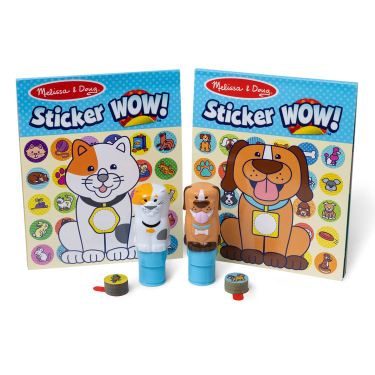 The loose pieces of The Melissa & Doug Sticker WOW!® Pets (Dog and Cat) VALUE PACK Arts and Crafts Collectibles – 2 Activity Pads, 2 Sticker Stampers, 2 Bonus Sticker Stacks