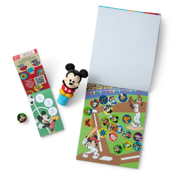 The loose pieces of The Melissa & Doug Sticker WOW!™ Disney Mickey Mouse Bundle: 24-Page Activity Pad, Sticker Stamper, 500 Stickers, Mini Pad, Arts and Crafts Fidget Toy Collectible Character