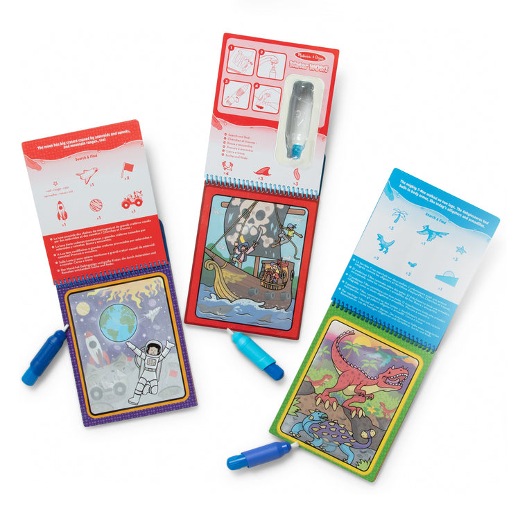 The front of the box for The Melissa & Doug Water WOW! 3-Pack – Dinosaur, Adventure, Space Water-Reveal Travel Activity Pads