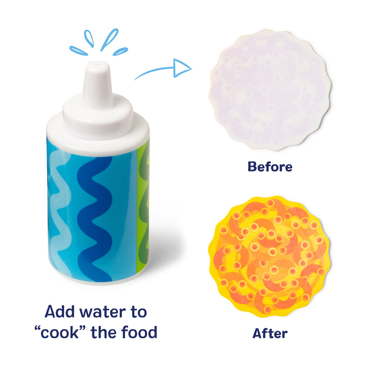 A kid playing with The Melissa & Doug Simmer & Stir Stovetop Play Set with Water WOW!® Color Reveal Play Food Preschool Toy Ages 3+