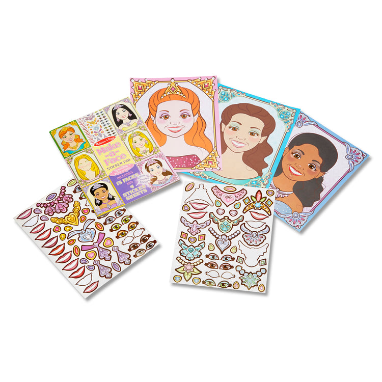 The loose pieces of The Melissa & Doug Make-a-Face Sticker Pad: Sparkling Princesses - 15 Faces, 4 Sticker Sheets