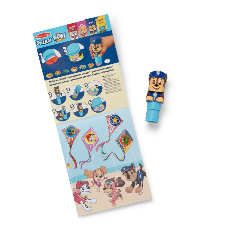 The loose pieces of The Melissa & Doug Sticker WOW!™ 24-Page Activity Pad and Sticker Stamper, 300 Stickers, Arts and Crafts Fidget Toy Collectible Character – PAW Patrol Chase