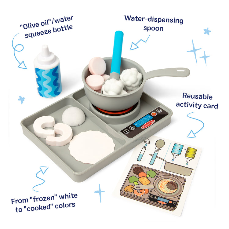 The loose pieces of The Melissa & Doug Simmer & Stir Stovetop Play Set with Water WOW!® Color Reveal Play Food Preschool Toy Ages 3+
