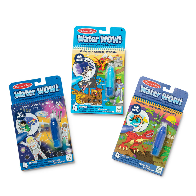 The front of the box for The Melissa & Doug Water WOW! 3-Pack – Dinosaur, Adventure, Space Water-Reveal Travel Activity Pads