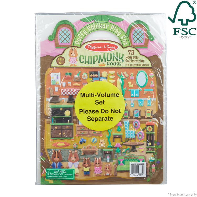 The front of the box for The Melissa & Doug Puffy Sticker Activity Books Set - Farm, Safari, and Chipmunk