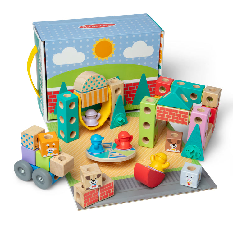 The loose pieces of The Melissa & Doug Blockables™ Town Snap And Play, Mix And Match Connectable Wooden Building Blocks Play Set Toy for Preschool Boys And Girls (73 Pcs)