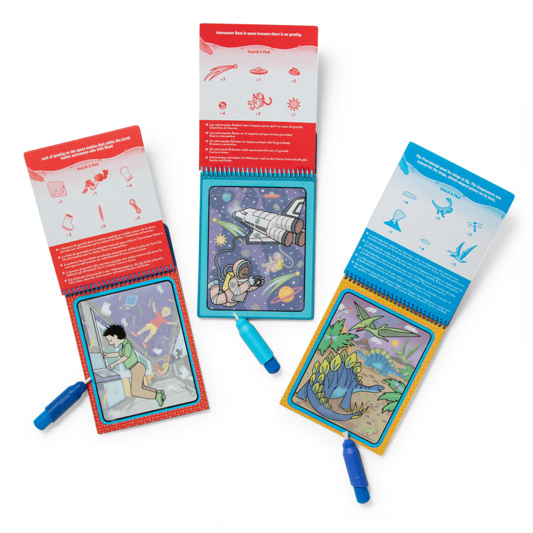The front of the box for The Melissa & Doug Water WOW! 3-Pack – Dinosaur, Adventure, Space Water-Reveal Travel Activity Pads