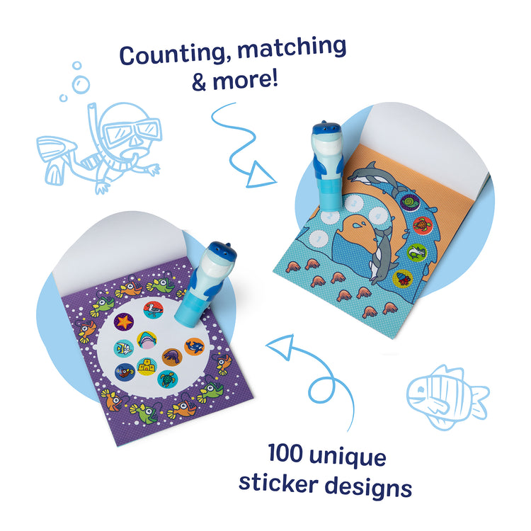 A kid playing with The Melissa & Doug Sticker WOW!™ 24-Page Activity Pad and Sticker Stamper, 300 Stickers, Arts and Crafts Fidget Toy Collectible Character – Shark