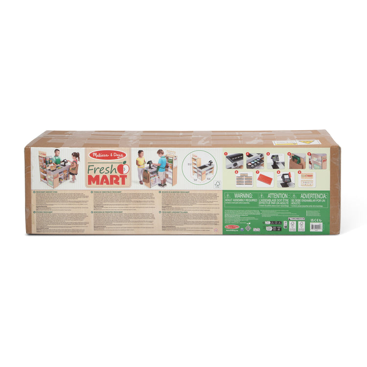 The front of the box for The Melissa & Doug Freestanding Wooden Fresh Mart Grocery Store
