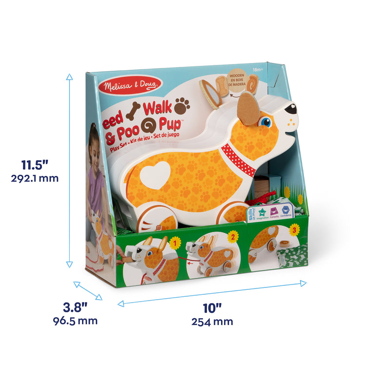 A kid playing with The Melissa & Doug Feed, Walk & Poo Pup Wooden Preschool Pull Toy Play Set Ages 3+