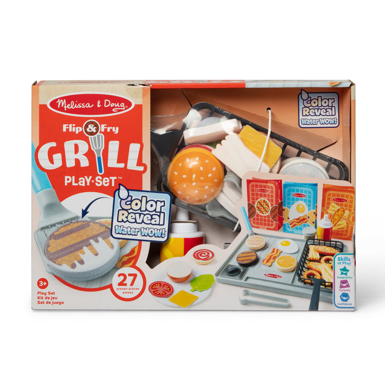 The front of the box for The Melissa & Doug Flip & Fry Grill Play Set with Water WOW!® Color Reveal Play Food Preschool Toy Ages 3+
