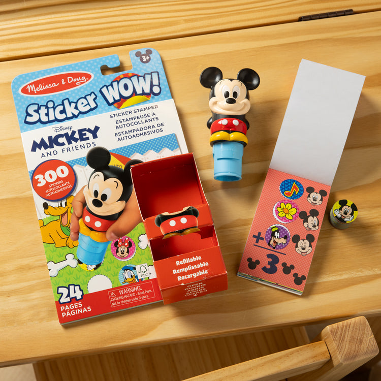 A playroom scene with The Melissa & Doug Sticker WOW!™ Disney Mickey Mouse Bundle: 24-Page Activity Pad, Sticker Stamper, 500 Stickers, Mini Pad, Arts and Crafts Fidget Toy Collectible Character