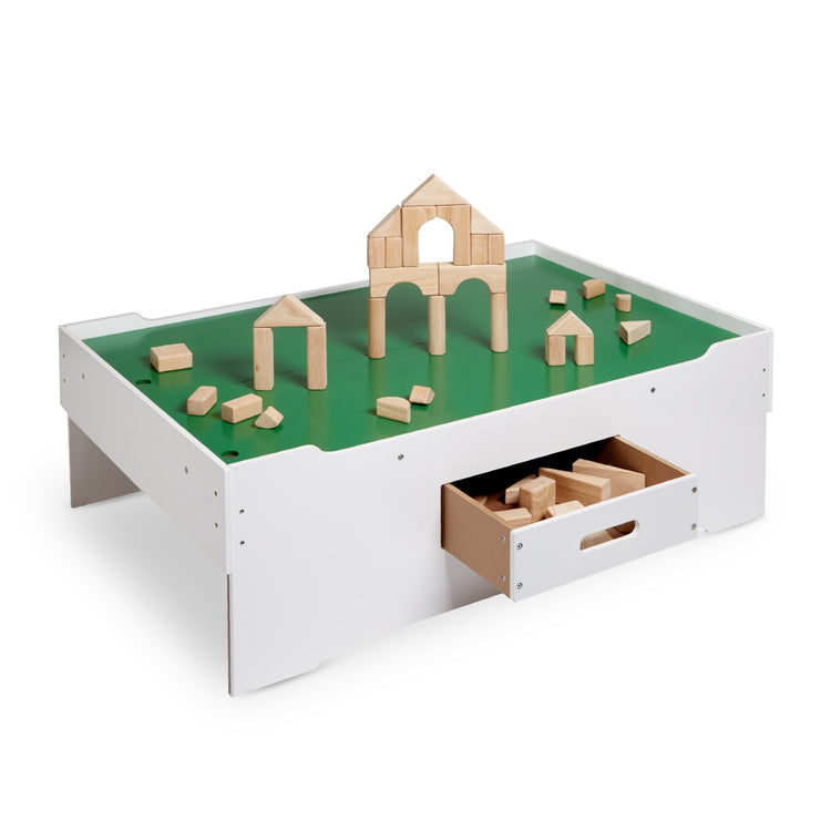 An assembled or decorated the Melissa & Doug Deluxe Wooden Multi-Activity Play Table - For Trains, Puzzles, Games, More