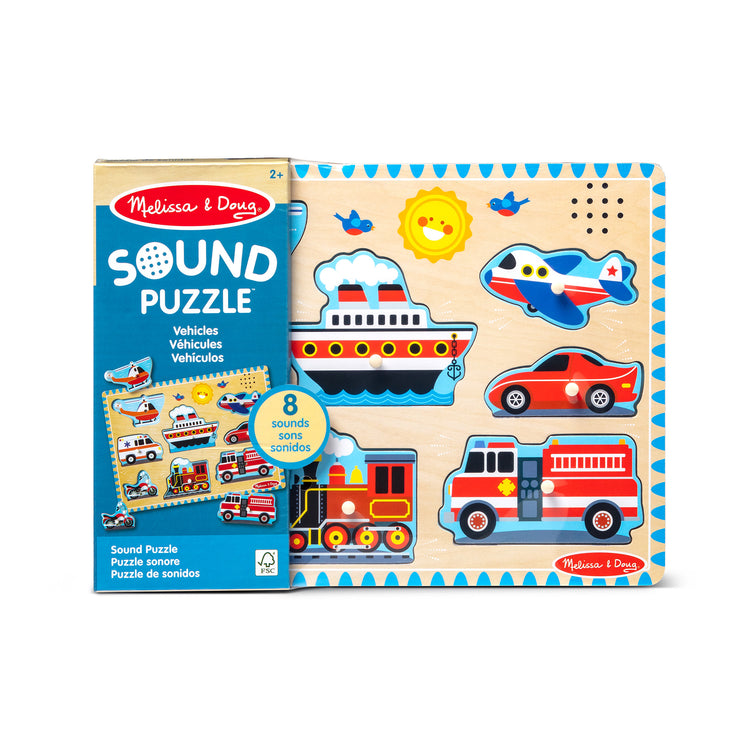 The front of the box for The Melissa & Doug Vehicles Sound Puzzle - Wooden Peg Puzzle With Sound Effects (8 pcs)