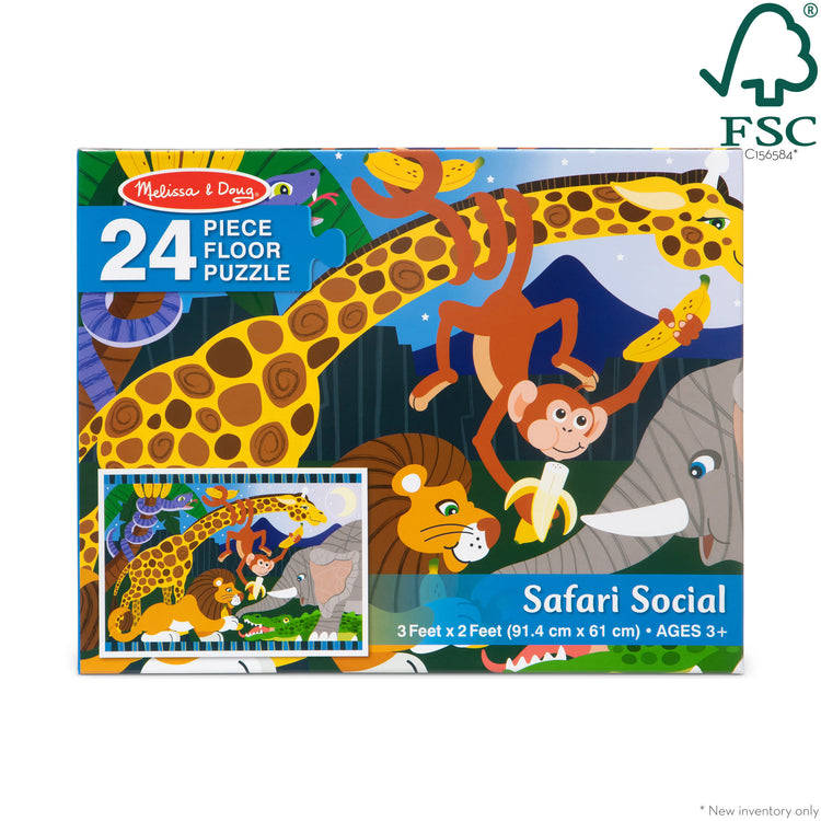 The front of the box for The Melissa & Doug Safari Social Jumbo Jigsaw Floor Puzzle (24 pcs, 2 x 3 feet)