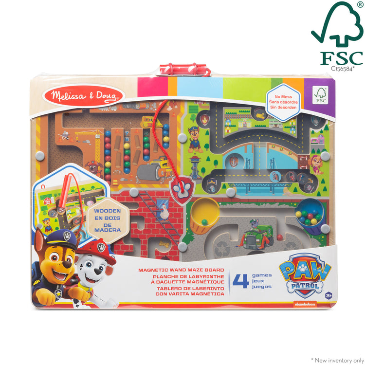 The front of the box for The Melissa & Doug PAW Patrol Wooden 4-in-1 Magnetic Wand Maze Board