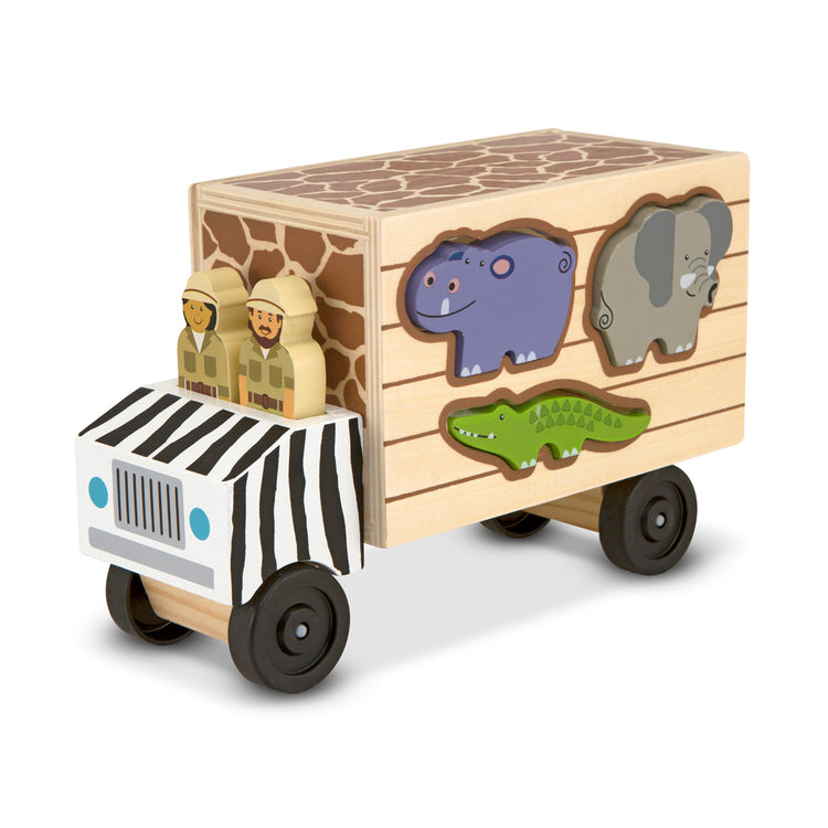 An assembled or decorated The Melissa & Doug Animal Rescue Shape-Sorting Truck - Wooden Toy With 7 Animals and 2 Play Figures