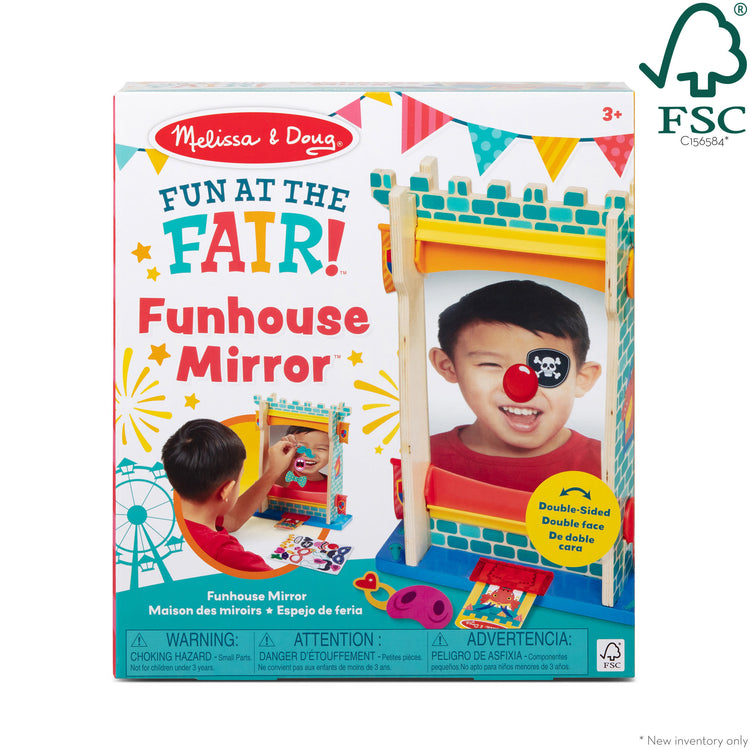 The front of the box for The Melissa & Doug Fun at the Fair! Wooden Double-Sided Funhouse Mirror