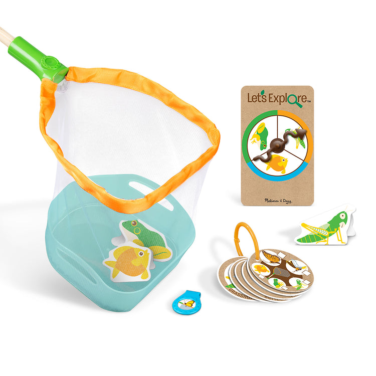 The loose pieces of The Melissa & Doug Let’s Explore Critter Net Bug and Fish Catching Play Set (14 Pieces)