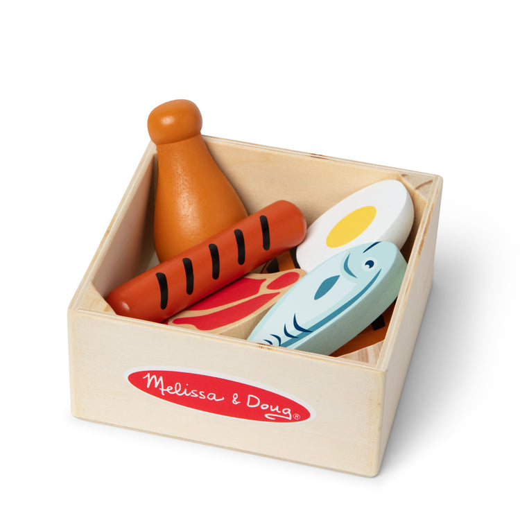 The loose pieces of The Melissa & Doug Wooden Food Groups Play Food Set – Protein