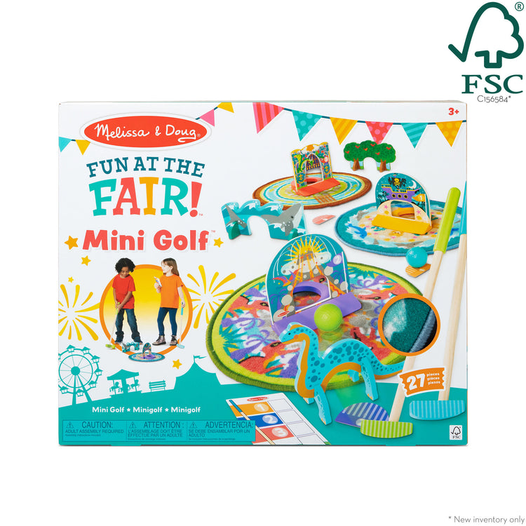 The front of the box for The Melissa & Doug Fun at the Fair! Mini Golf Play Set – 3 Multi-Themed Holes and Wooden Obstacles