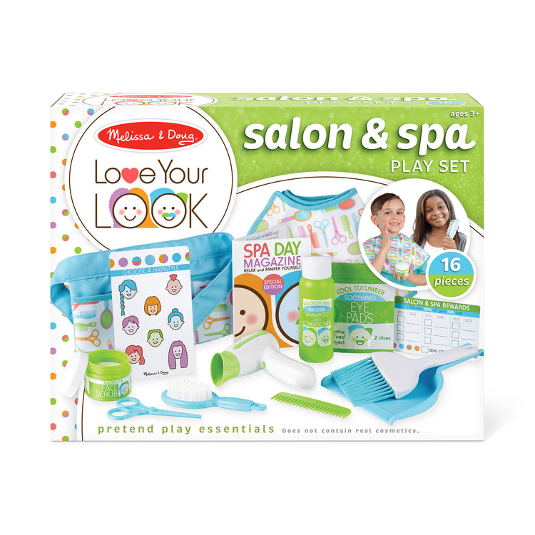 The front of the box for The Melissa & Doug Love Your Look Salon & Spa Play Set – 16 Pieces for Pretend Toy Hair and Face Care (No Real Cosmetics)