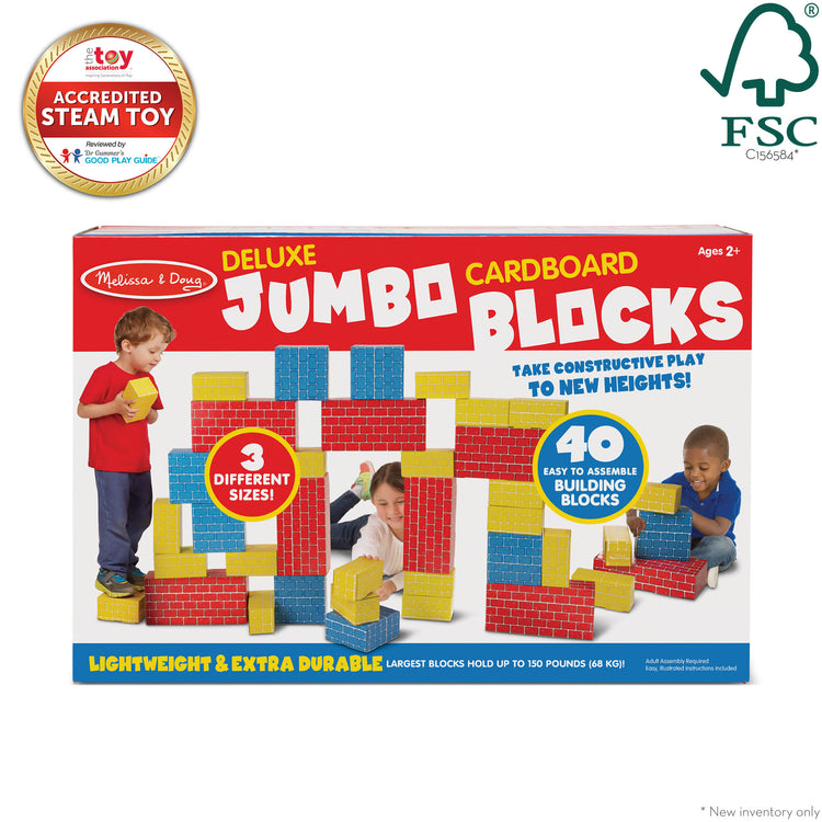 The front of the box for The Melissa & Doug Jumbo Extra-Thick Cardboard Building Blocks - 40 Blocks in 3 Sizes