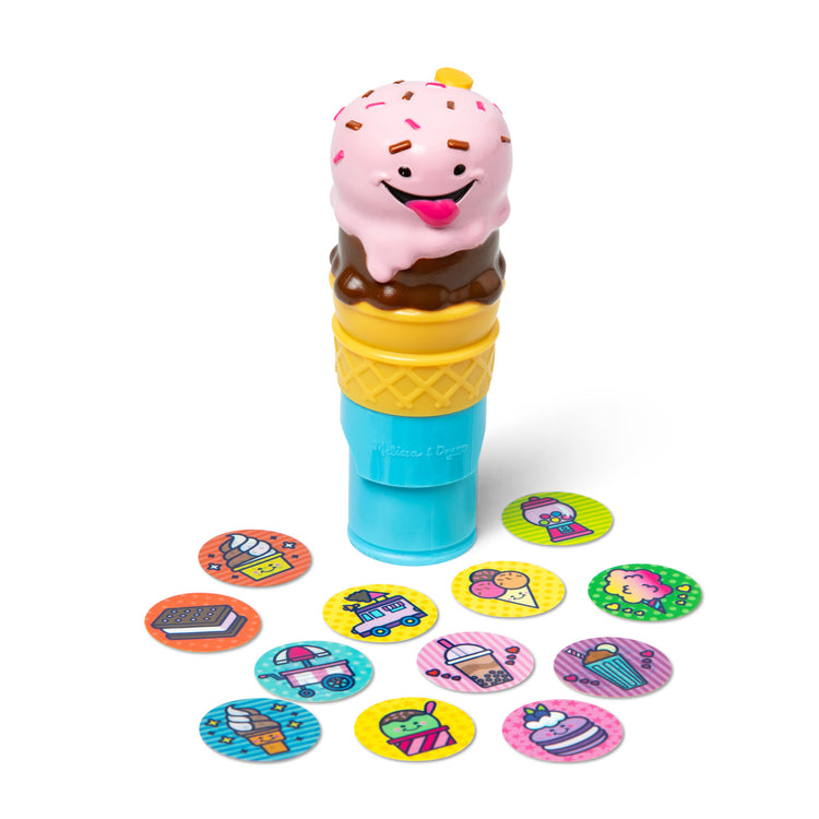 The loose pieces of The Melissa & Doug Sticker WOW!™ Ice Cream Bundle: 24-Page Activity Pad, Sticker Stamper, Mini Activity Pad, 500 Stickers, Arts and Crafts Fidget Toy Collectible Character