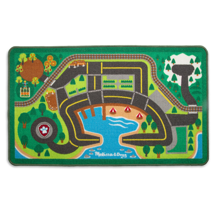 The loose pieces of The Melissa & Doug PAW Patrol Activity Rug - Adventure Bay (22 Pieces)