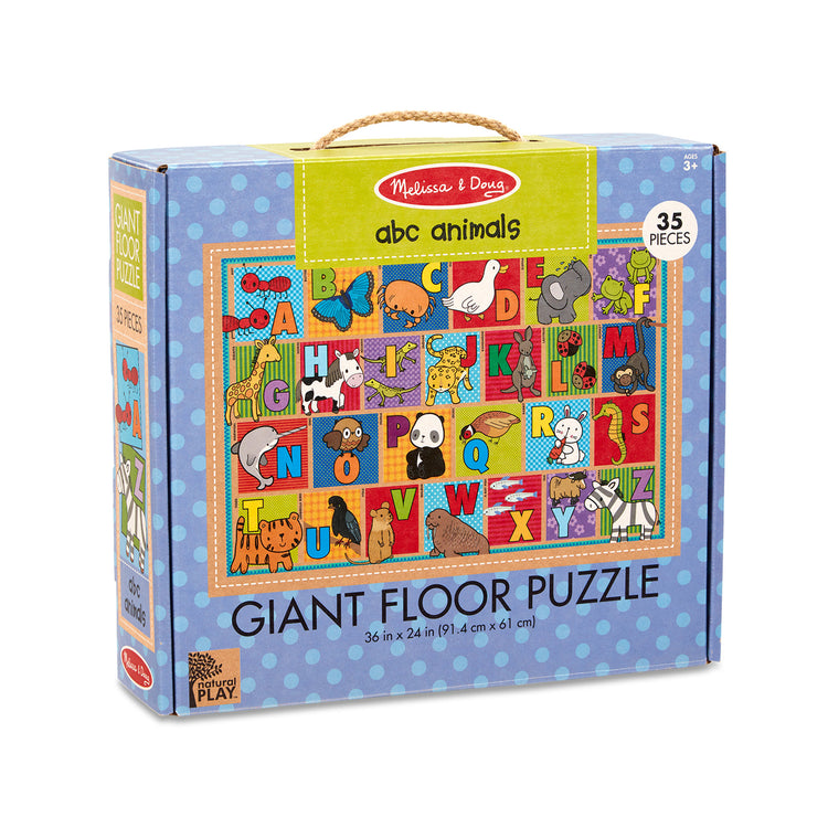 The front of the box for The Melissa & Doug Natural Play Giant Floor Puzzle: ABC Animals (35 Pieces)