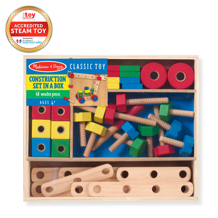 The front of the box for The Melissa & Doug Wooden Construction Building Toy Play Set in a Box, Developmental Educational Toy (48 pcs)