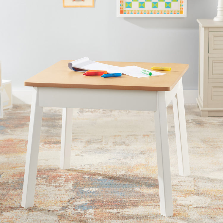 A playroom scene with The Melissa & Doug Wooden Square Table – Kids Furniture for Playroom (Natural/White)