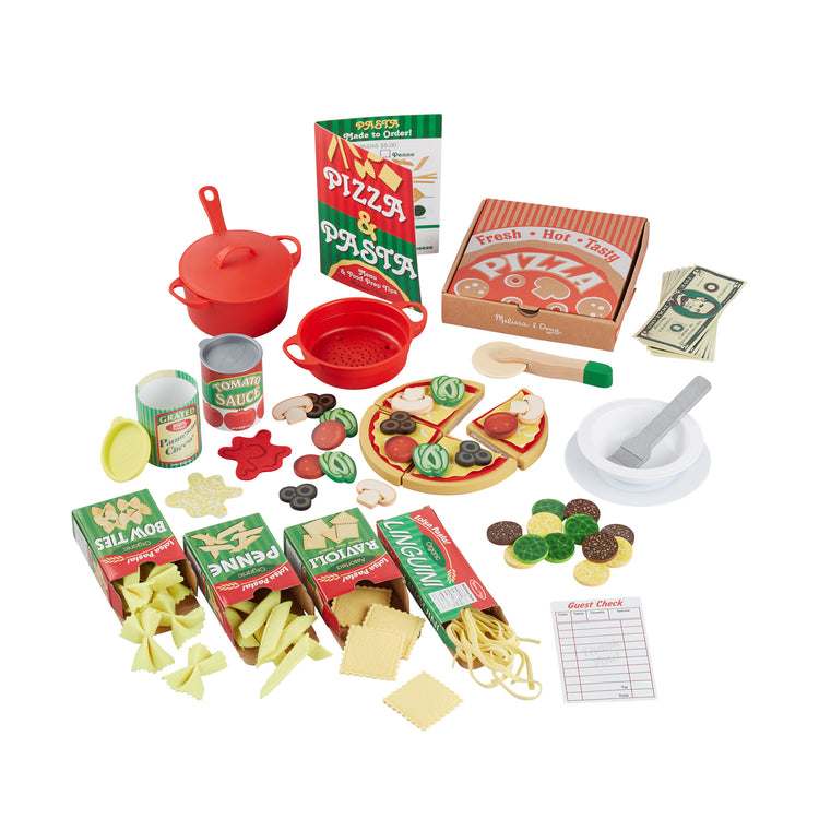 The loose pieces of The Melissa & Doug Deluxe Pizza & Pasta Play Set Pretend Play Food - 92 Pieces