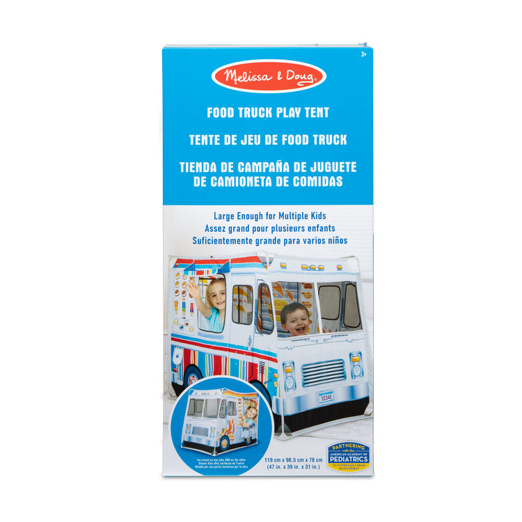 The front of the box for The Melissa & Doug Fabric Double-Sided Food Truck Play Tent - Ice Cream And BBQ