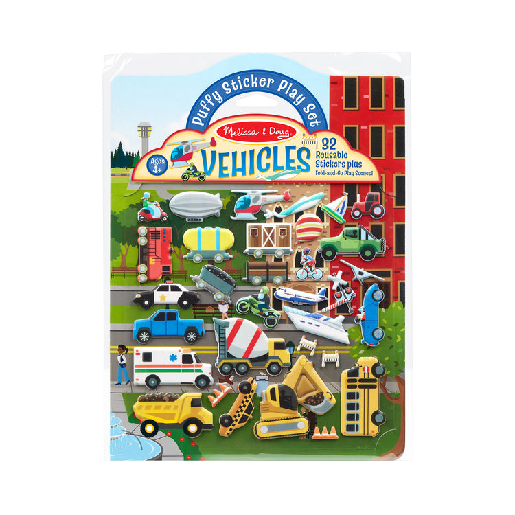 The front of the box for The Melissa & Doug Vehicles Puffy Sticker Play Set Travel Toy with Double-Sided Background, 32 Reusable Puffy Stickers