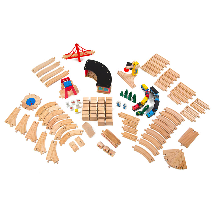 The loose pieces of The Melissa & Doug Deluxe Wooden Railway Train Set (130+ pcs)