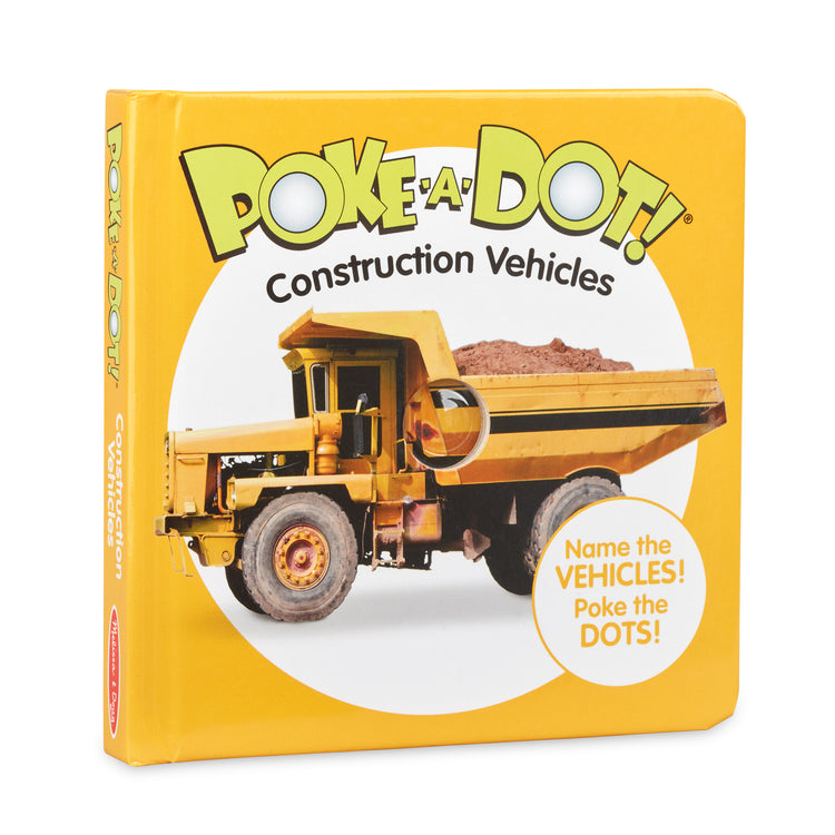 The front of the box for The Melissa & Doug Children’s Book – Poke-a-Dot: Construction Vehicles (Board Book with Buttons to Pop)