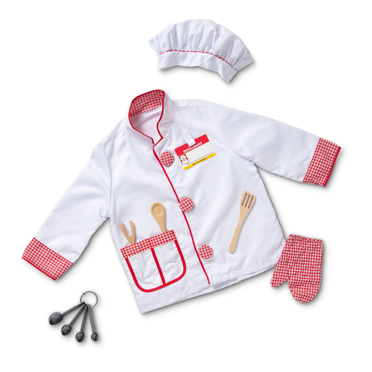 The loose pieces of The Melissa & Doug Chef Role Play Costume Dress -Up Set With Realistic Accessories