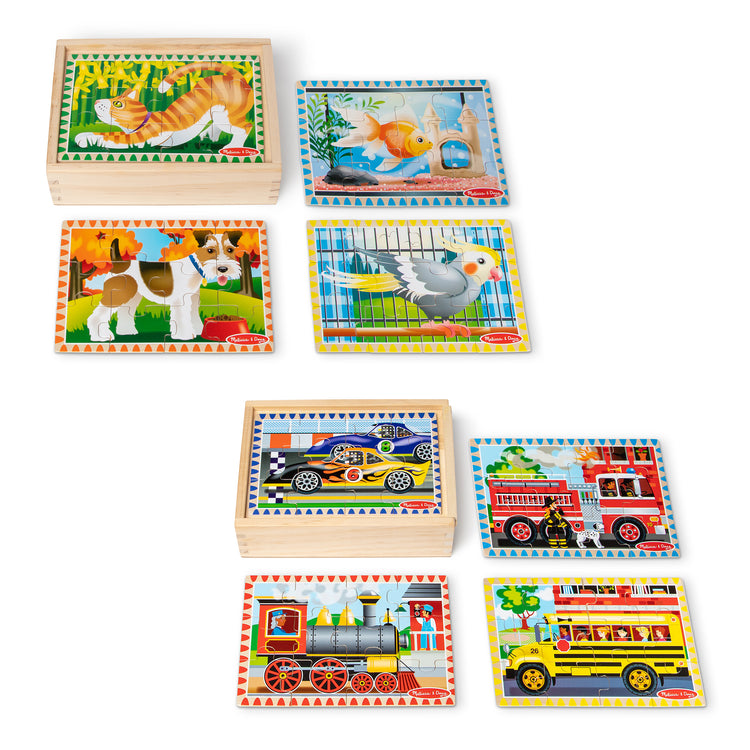 The loose pieces of The Melissa & Doug Wooden Jigsaw Puzzles in a Box 2-Pack for Preschool Boys and Girls – Pets, Vehicles