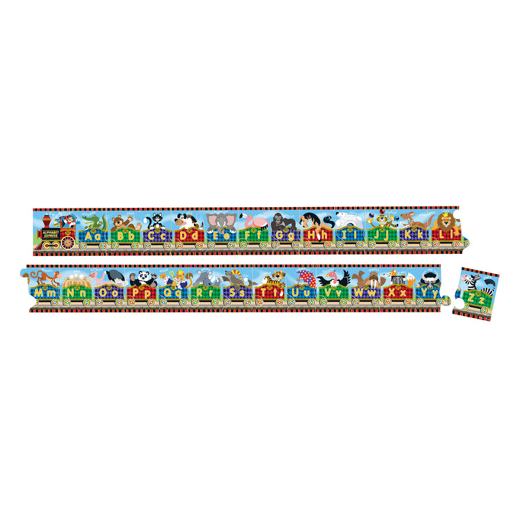 The loose pieces of The Melissa & Doug Alphabet Express Jumbo Jigsaw Floor Puzzle (27 pcs, 10 feet long)