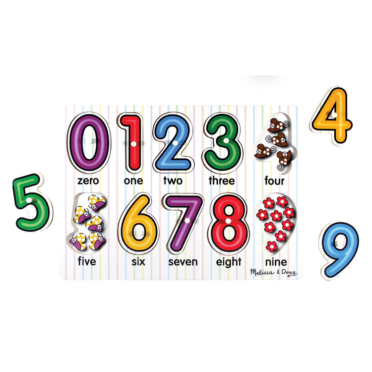 The loose pieces of The Melissa & Doug Lift & See Numbers Wooden Peg Puzzle - 10 Pieces