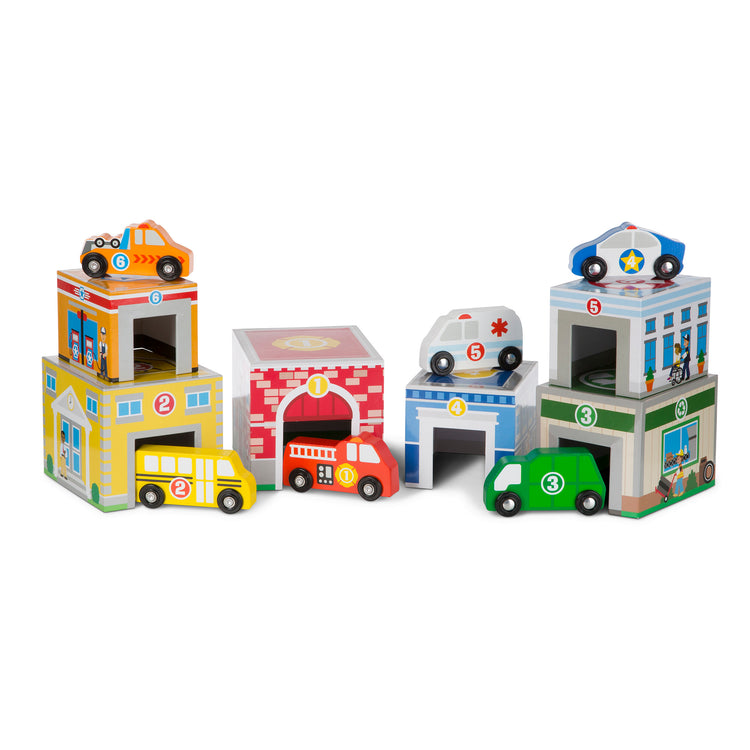 The loose pieces of The Melissa & Doug Nesting and Sorting Blocks - 6 Buildings, 6 Wooden Vehicles