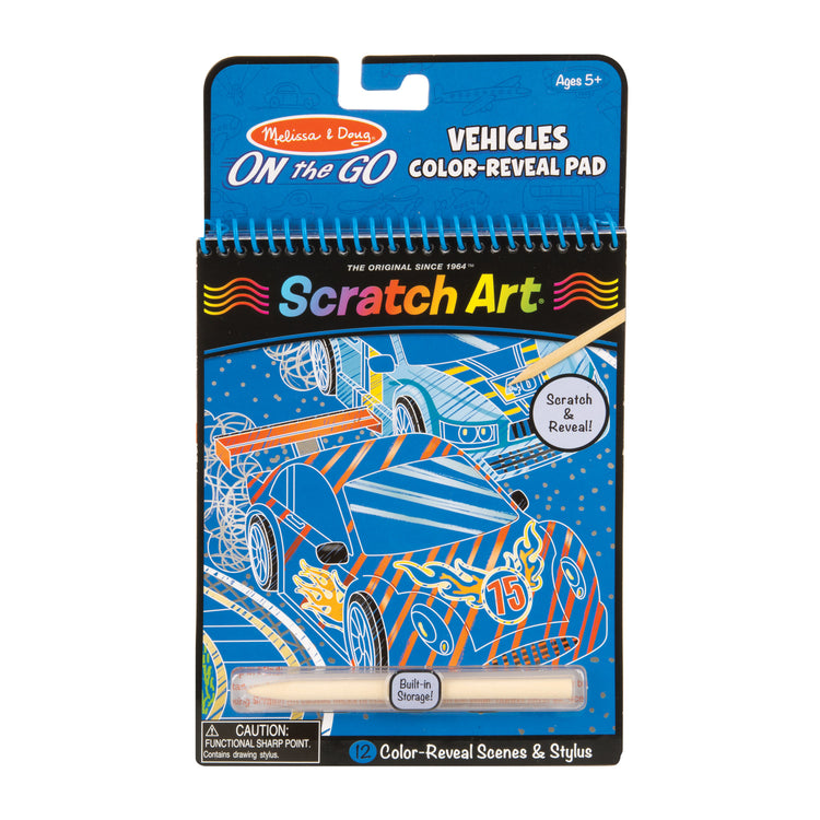 The front of the box for The Melissa & Doug On the Go Scratch Art Color-Reveal Pad - Vehicles