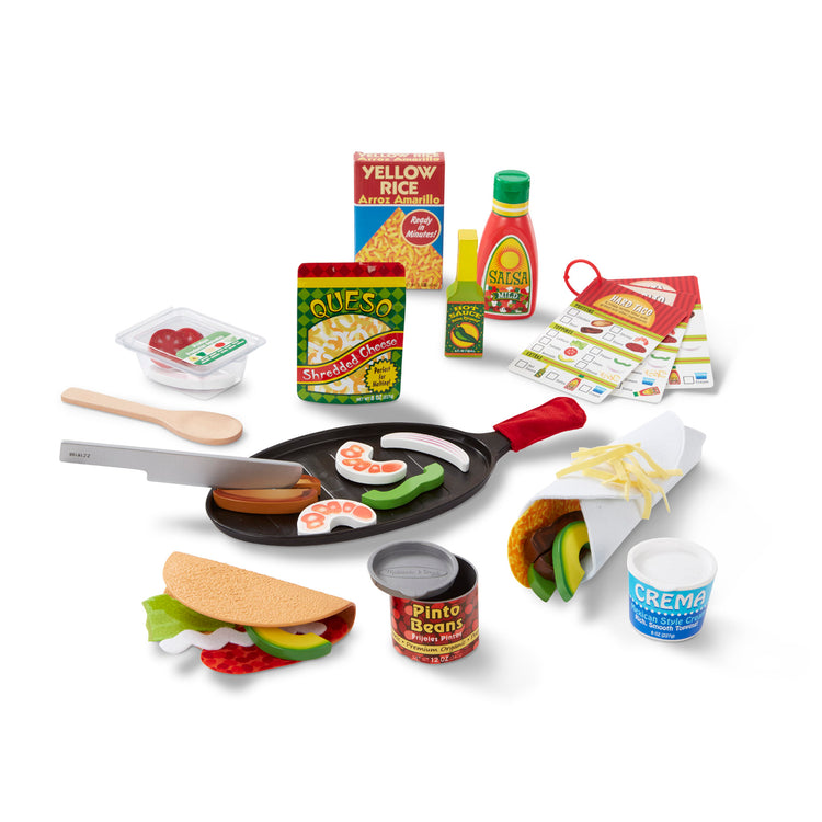 The loose pieces of The Melissa & Doug Fill & Fold Taco & Tortilla Set, 43 Pieces – Sliceable Wooden Mexican Play Food, Skillet, and More