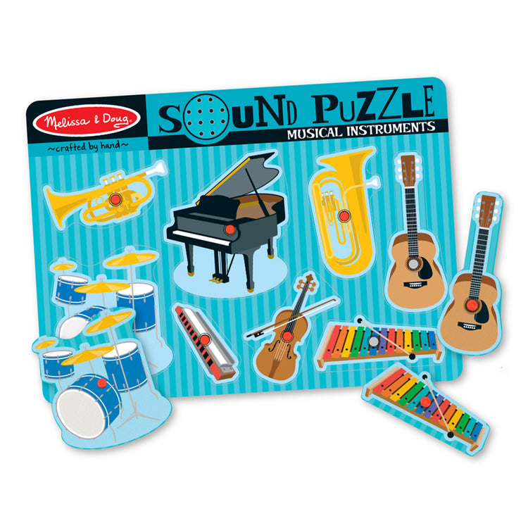 The loose pieces of The Melissa & Doug Musical Instruments Sound Puzzle - Wooden Peg Puzzle (8 pcs)